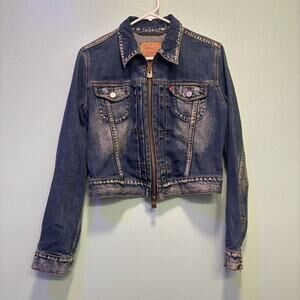 Levi's Women’s Cropped Zipper Blue Denim Jean Jacket 90s Vintage Style Size L